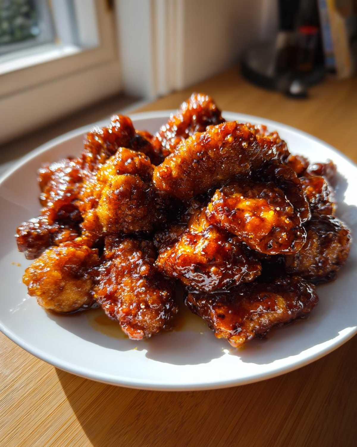 A white plate piled high with crispy, glazed Sticky Orange Chicken Thighs Better Than Takeout.