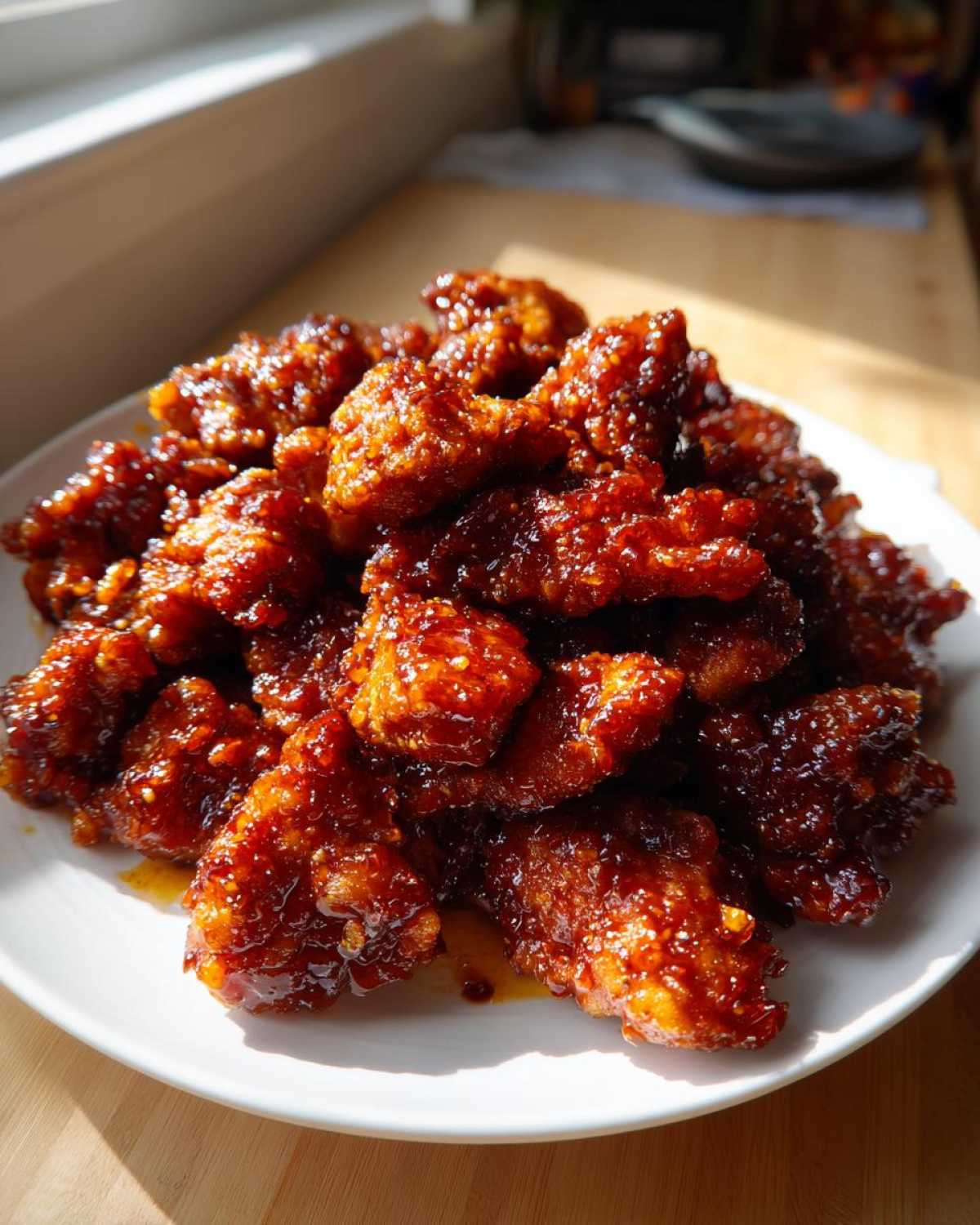 A mound of crispy, glazed Sticky Orange Chicken Thighs Better Than Takeout piled high on a white plate.
