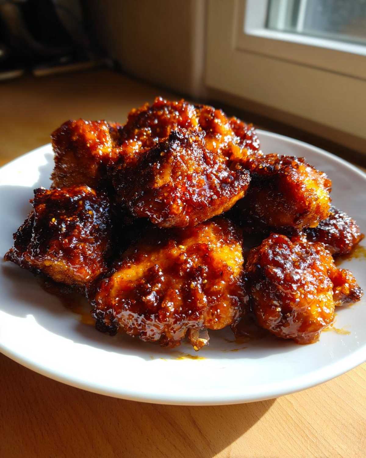 Close-up of several pieces of Sticky Orange Chicken Thighs Better Than Takeout, coated in a thick, shiny orange glaze.