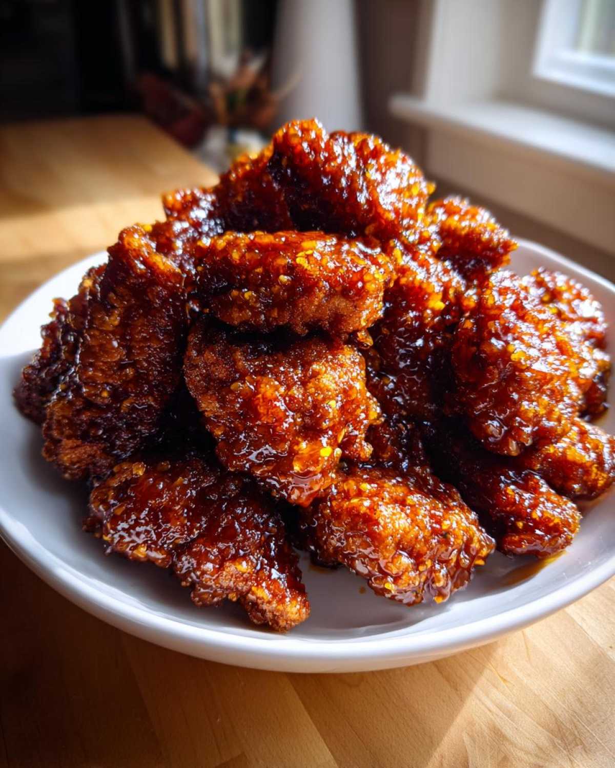 A mound of crispy, glazed Sticky Orange Chicken Thighs Better Than Takeout piled high on a white plate.