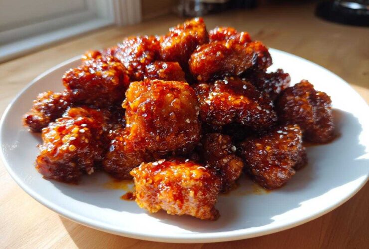 A white plate piled high with glistening, deep orange-glazed Sticky Orange Chicken Thighs, sprinkled with sesame seeds.