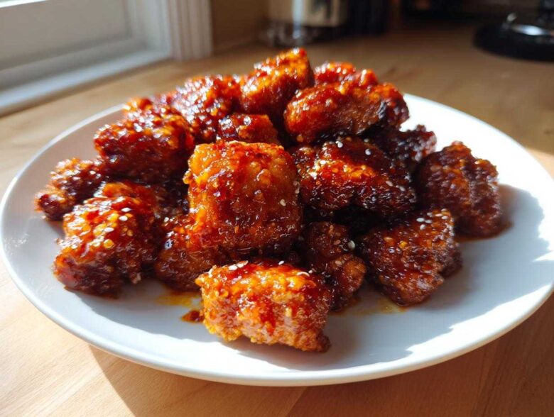 A white plate piled high with glistening, deep orange-glazed Sticky Orange Chicken Thighs, sprinkled with sesame seeds.