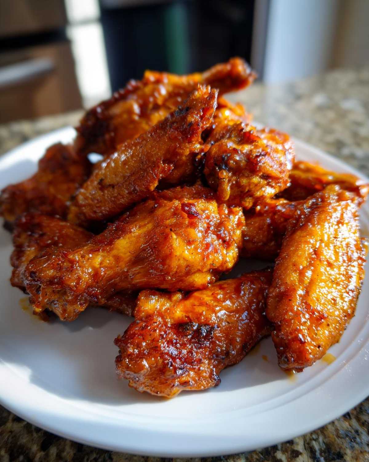 A close-up of a pile of Sticky Orange Chicken Wings Crispy Oven Style coated in a glossy glaze.
