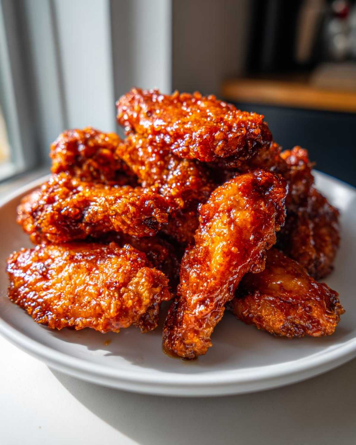 A pile of perfectly crispy Sticky Orange Chicken Wings coated in a glossy, thick orange glaze, served on a white plate.