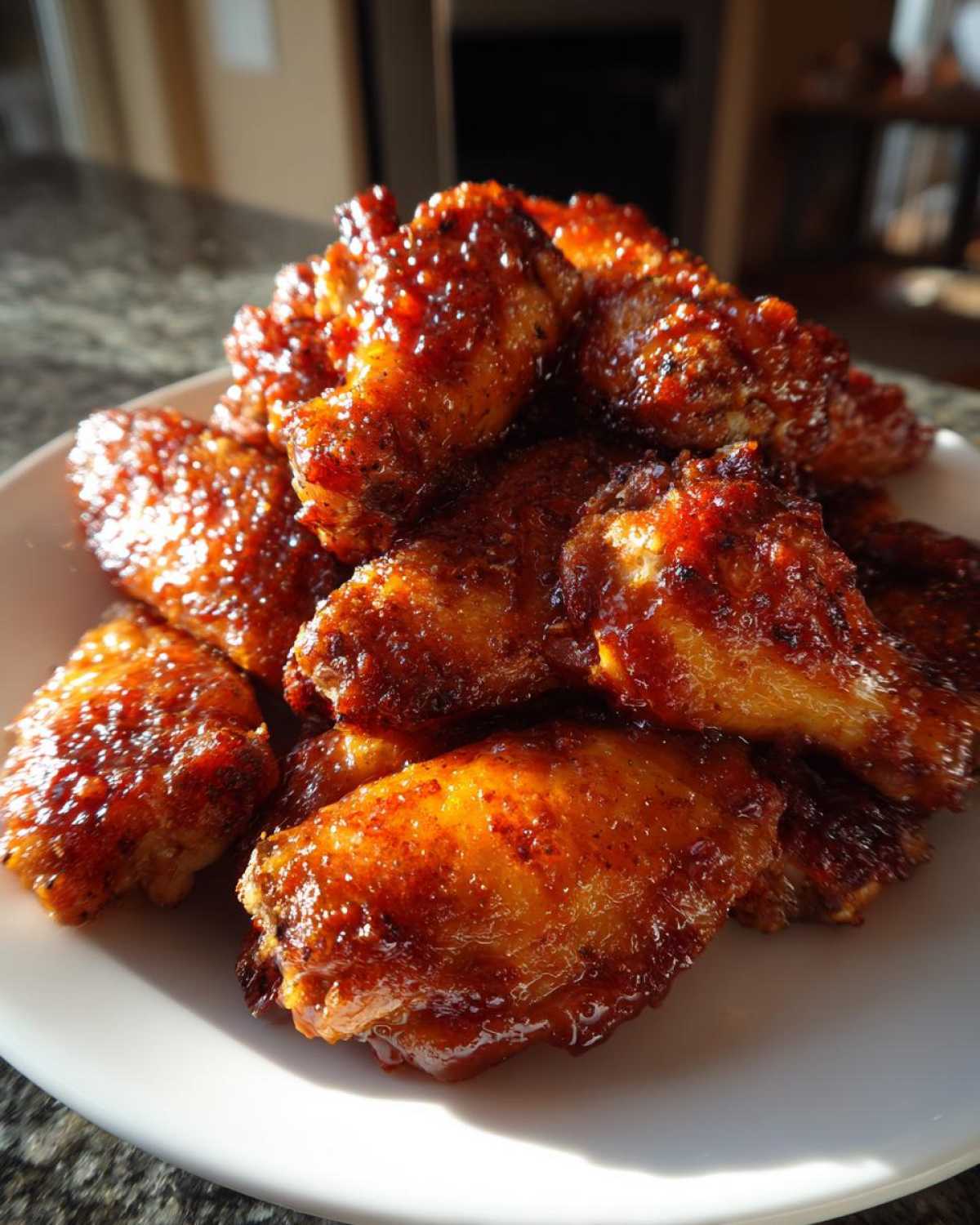A pile of glistening, crispy oven Sticky Orange Chicken Wings coated in a thick, caramelized glaze.