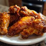 Close-up of several Sticky Orange Chicken Wings Crispy Oven Style coated in a glossy, thick orange sauce, served on a white plate.