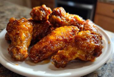 Close-up of several Sticky Orange Chicken Wings Crispy Oven Style coated in a glossy, thick orange sauce, served on a white plate.