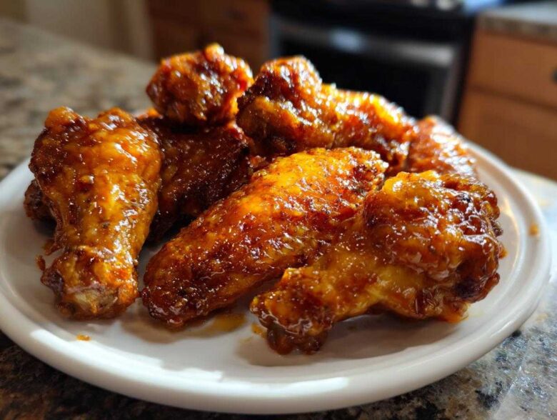 Close-up of several Sticky Orange Chicken Wings Crispy Oven Style coated in a glossy, thick orange sauce, served on a white plate.