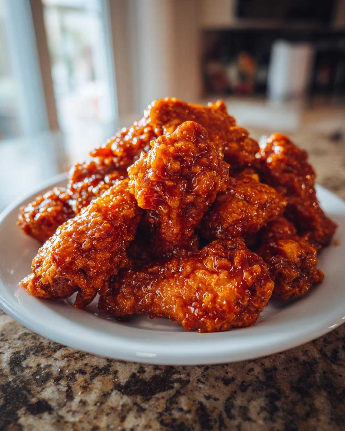 A pile of crispy Sticky Orange Chicken Wings Crispy Oven Style coated in a thick, glossy orange glaze.