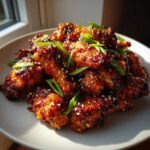A plate piled high with Sticky Orange Chicken Wings with Honey Glaze, garnished with sesame seeds and green onions.