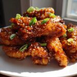 A pile of Sticky Orange Chicken Wings with Honey Glaze, glistening and topped with sesame seeds and green onions.