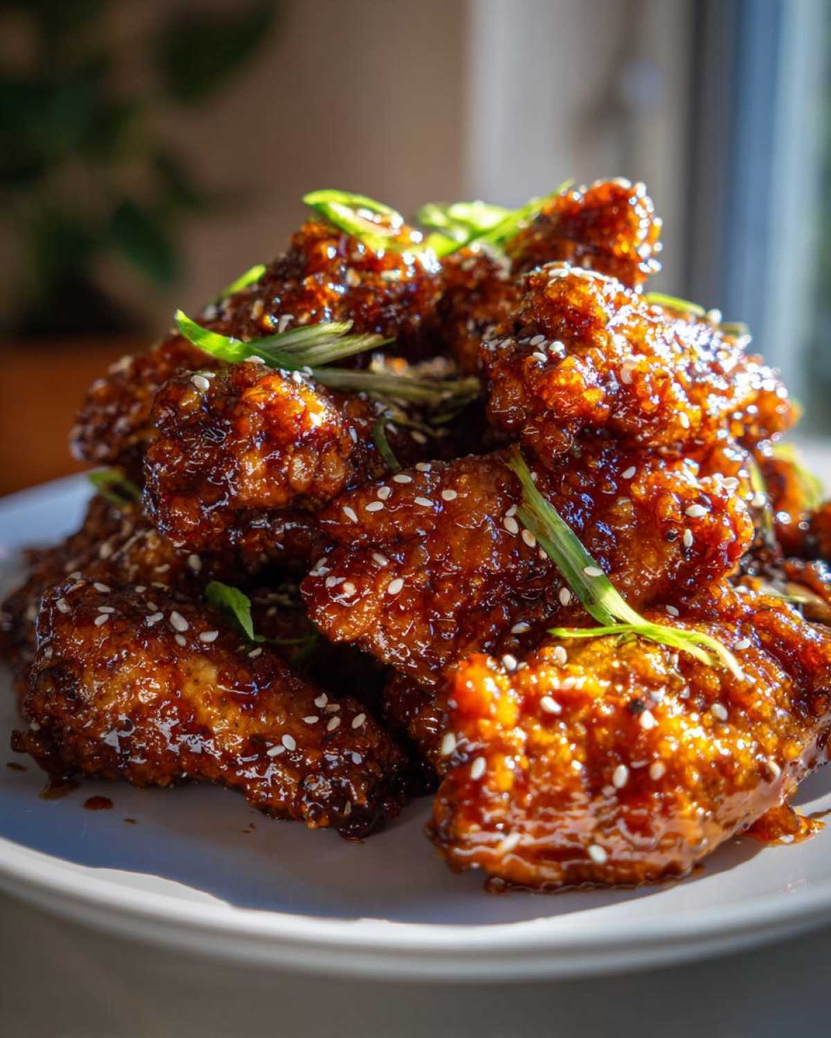A stack of Sticky Orange Chicken Wings with Honey Glaze, coated in a shiny sauce and sprinkled with sesame seeds and green onions.