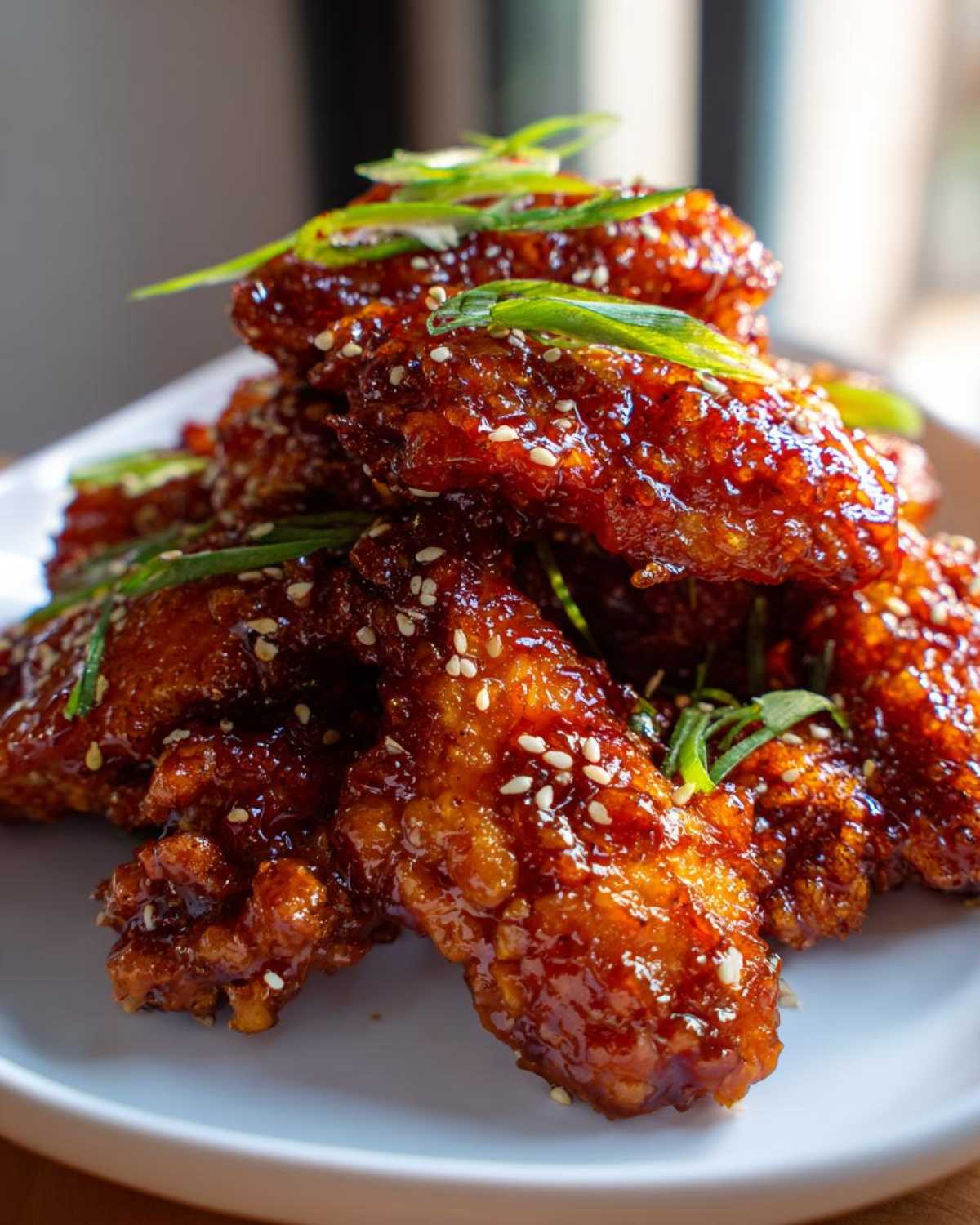 A pile of Sticky Orange Chicken Wings with Honey Glaze, coated in a thick, shiny sauce and sprinkled with sesame seeds and green onions.