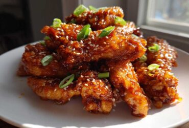 A pile of Sticky Orange Chicken Wings with Honey Glaze, glistening and topped with sesame seeds and green onions.