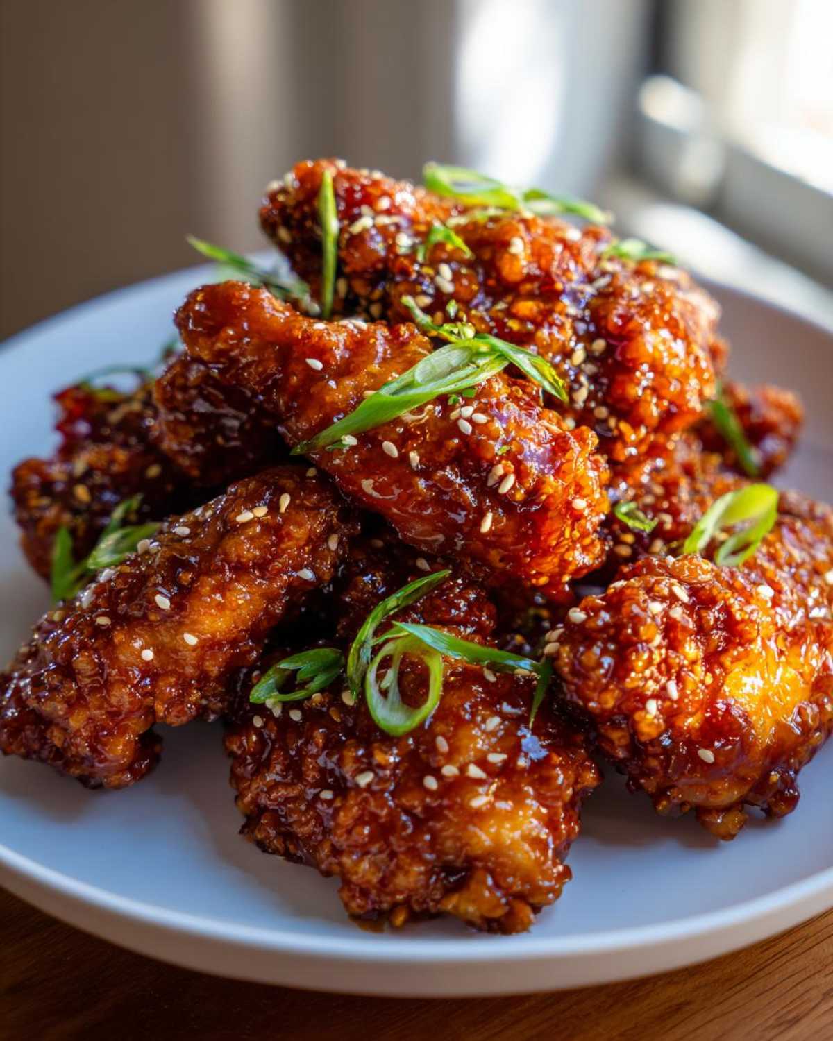 A close-up of crispy Sticky Orange Chicken Wings with Honey Glaze, coated in sauce and sprinkled with sesame seeds and green onions.