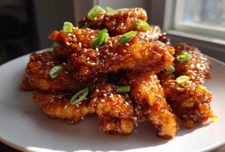 A pile of Sticky Orange Chicken Wings with Honey Glaze, glistening and topped with sesame seeds and green onions.