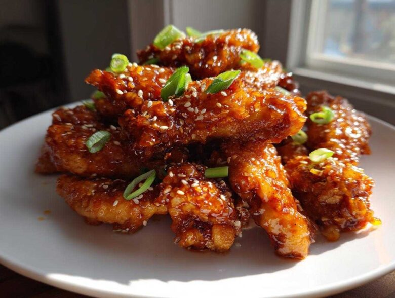 A pile of Sticky Orange Chicken Wings with Honey Glaze, glistening and topped with sesame seeds and green onions.