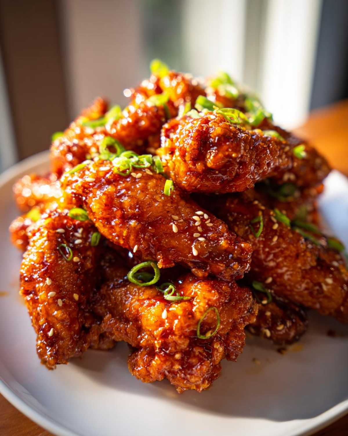A close-up of a pile of Sticky Orange Chicken Wings with Honey Glaze, coated in a shiny sauce and topped with green onions and sesame seeds.