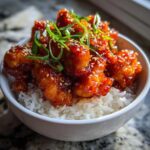 Close-up of a white bowl filled with white rice topped with glossy, saucy Sticky Sweet Chili Chicken, garnished with sesame seeds and green onions.