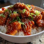 A close-up of a Sticky Sweet Chili Chicken Bowl with rice, topped with sesame seeds and green onions.