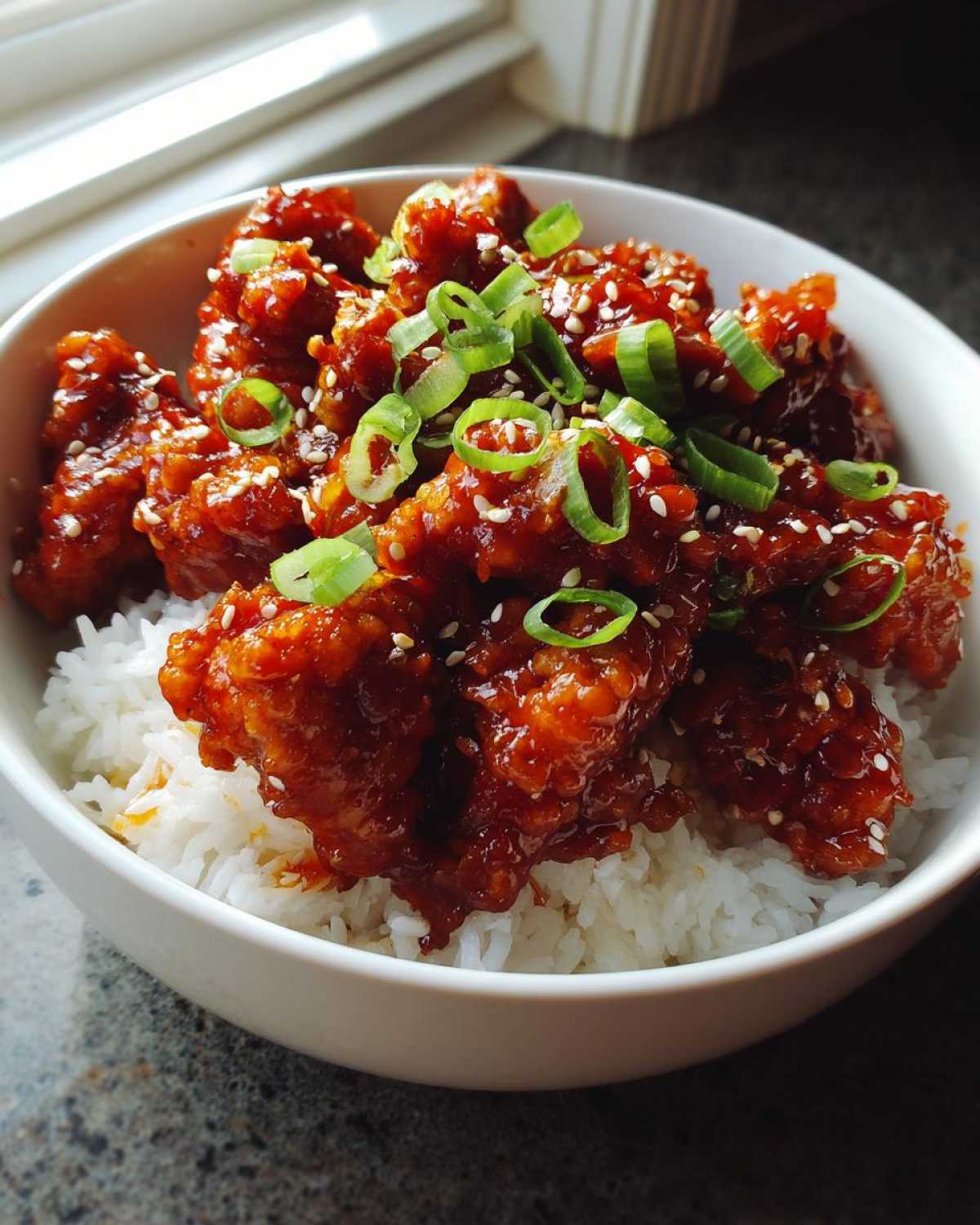 A white bowl filled with white rice topped generously with glossy, saucy Sticky Sweet Chili Chicken, garnished with green onions and sesame seeds.