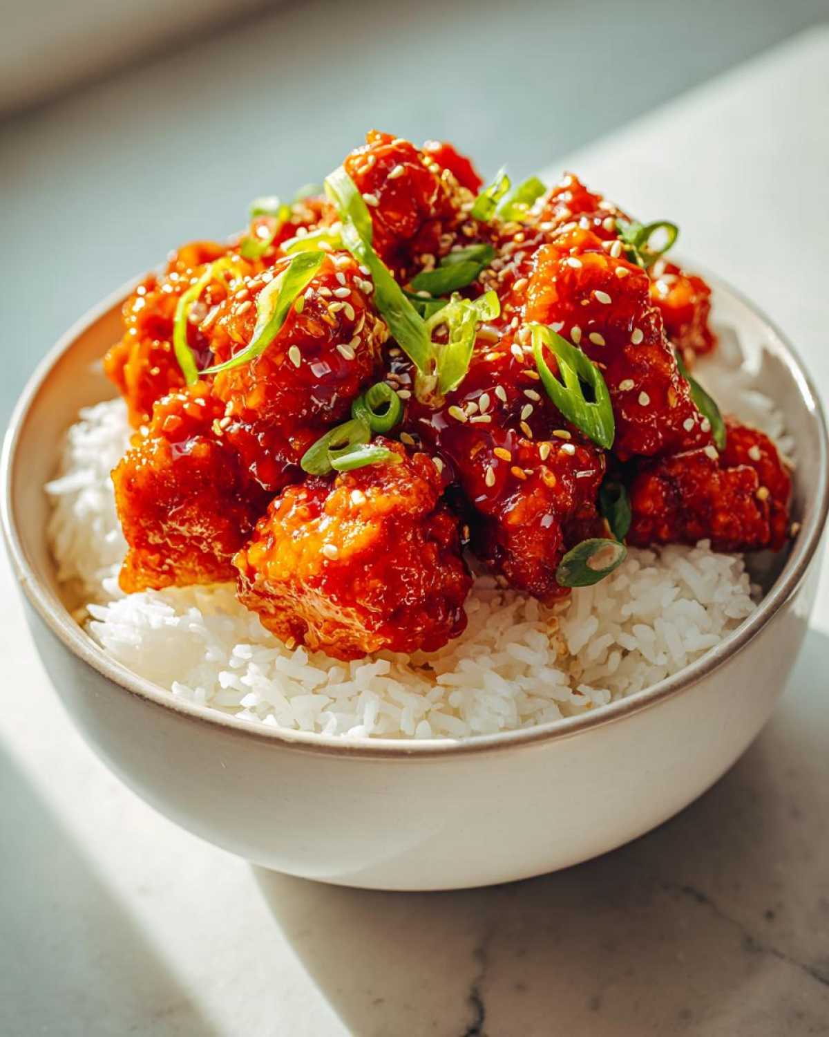 Close-up of a Sticky Sweet Chili Chicken Bowl with rice, topped with sesame seeds and green onions.