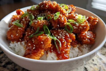 A close-up of a Sticky Sweet Chili Chicken Bowl with rice, topped with sesame seeds and green onions.