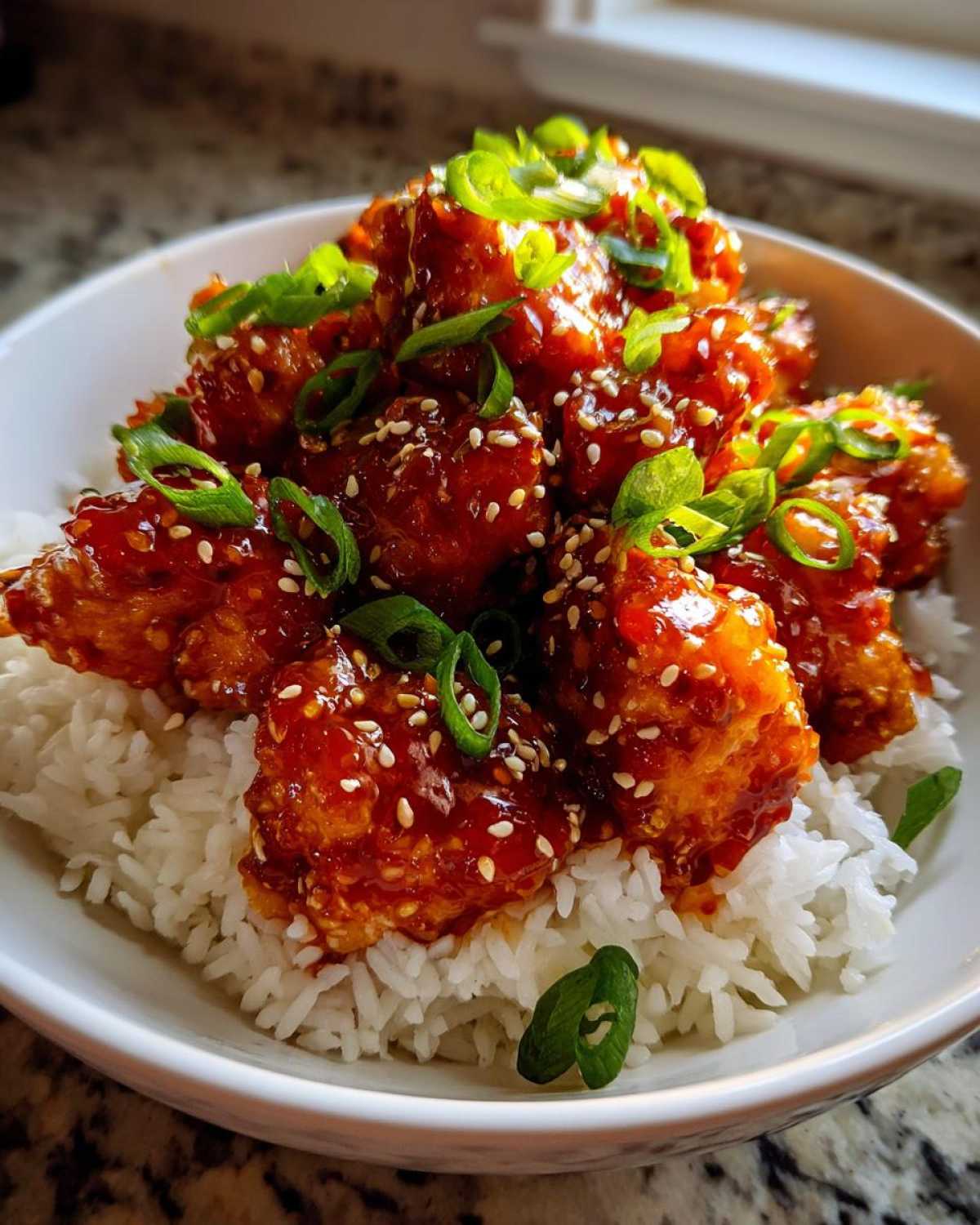 Close-up of Sticky Sweet Chili Chicken Bowl with rice, topped with sesame seeds and green onions.