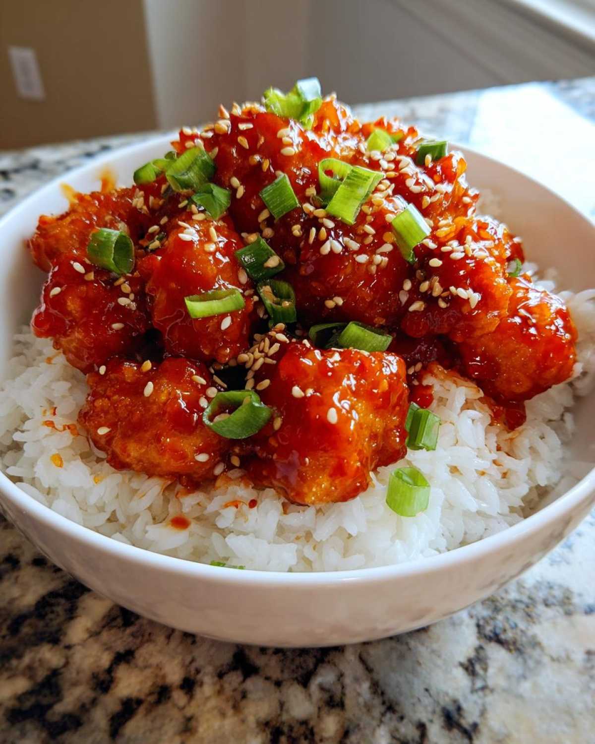 A close-up of a Sticky Sweet Chili Chicken Bowl with Rice, topped with sesame seeds and green onions.