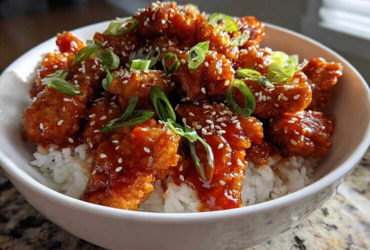 A close-up of a Sticky Sweet Chili Chicken Bowl with rice, topped with sesame seeds and green onions.