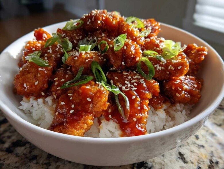 A close-up of a Sticky Sweet Chili Chicken Bowl with rice, topped with sesame seeds and green onions.