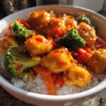 Close-up of a Sticky Sweet Chili Chicken Bowl with rice, bright green broccoli florets, and sliced carrots.