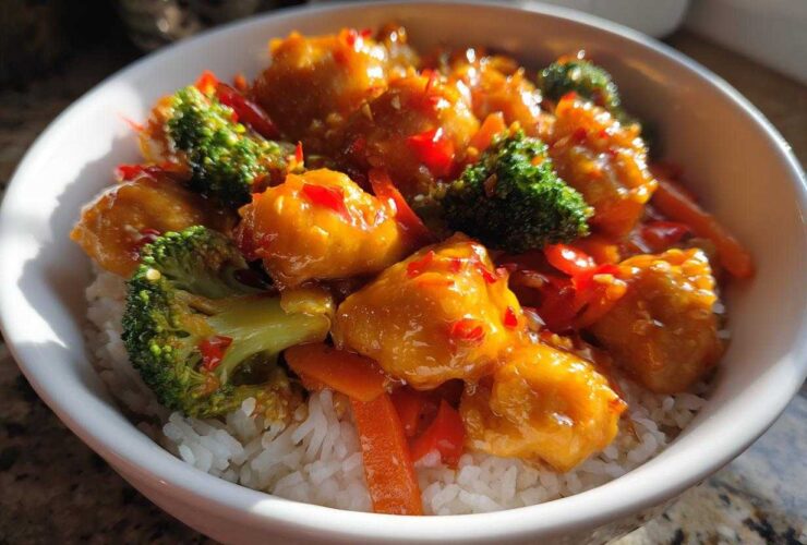 Close-up of a Sticky Sweet Chili Chicken Bowl with rice, bright green broccoli florets, and sliced carrots.