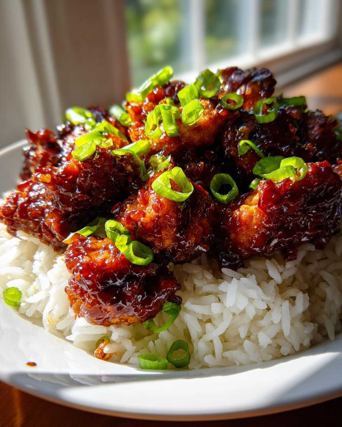 Close-up of Sticky Sweet Chili Chicken Skillet pieces coated in dark glaze, served over white rice and topped with sliced green onions.