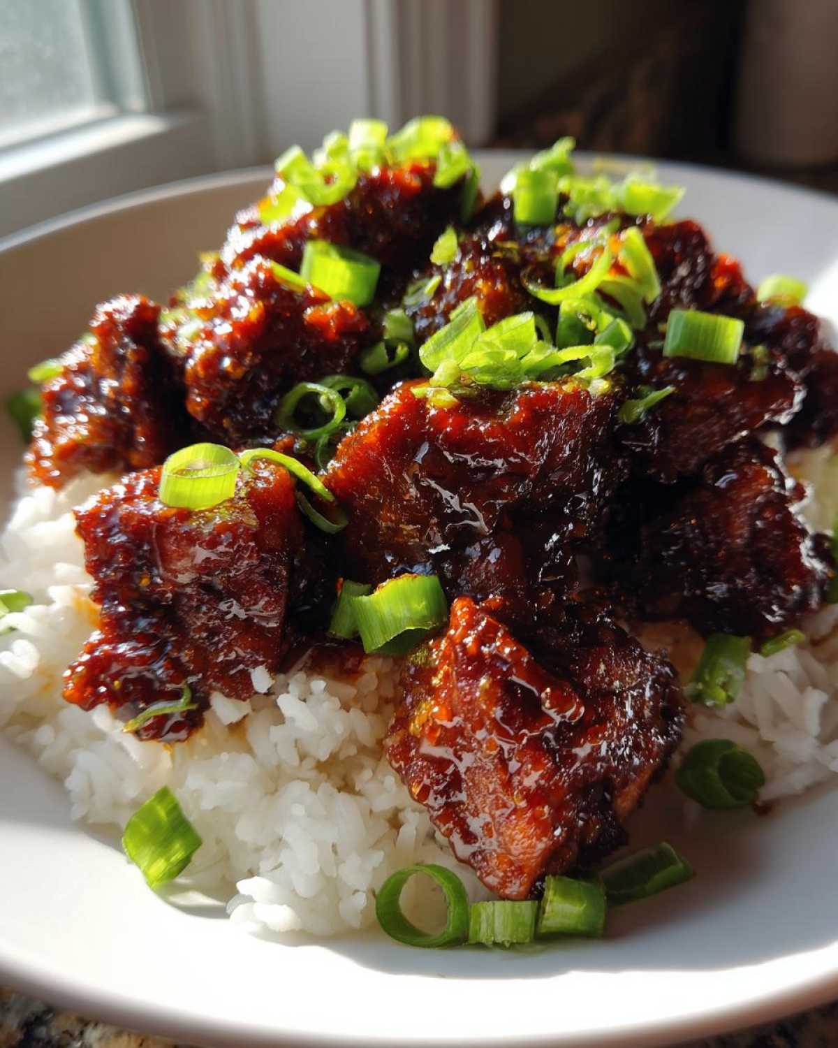 Close-up of Sticky Sweet Chili Chicken Skillet pieces coated in dark glaze, served over white rice and topped with fresh green onions.