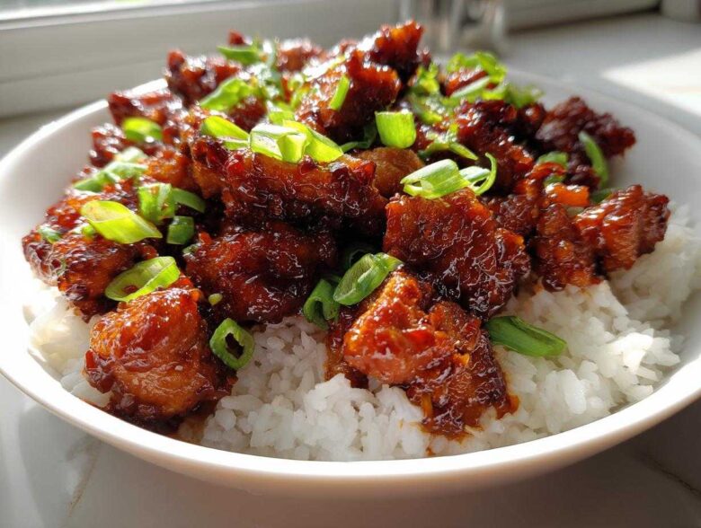 Close-up of Sticky Sweet Chili Chicken Skillet pieces coated in glossy sauce served over fluffy white rice and garnished with green onions.