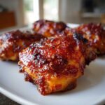 Close-up of oven baked Sticky Sweet Chili Chicken Thighs with a glossy, caramelized glaze on a white plate.