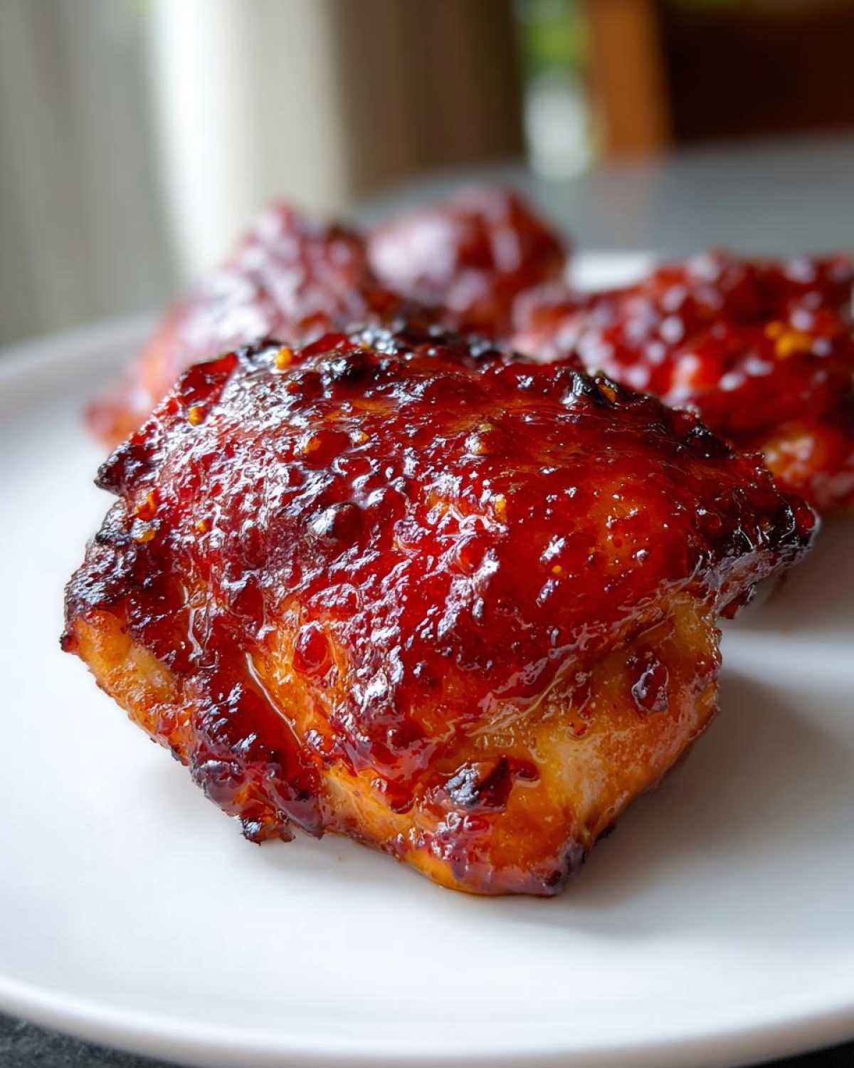 A close-up of a perfectly glazed piece of Sticky Sweet Chili Chicken Thighs Oven Baked, showing a thick, glossy red sauce.