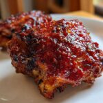 Close-up of a perfectly glazed, oven-baked Sticky Sweet Chili Chicken Thighs piece with caramelized edges.
