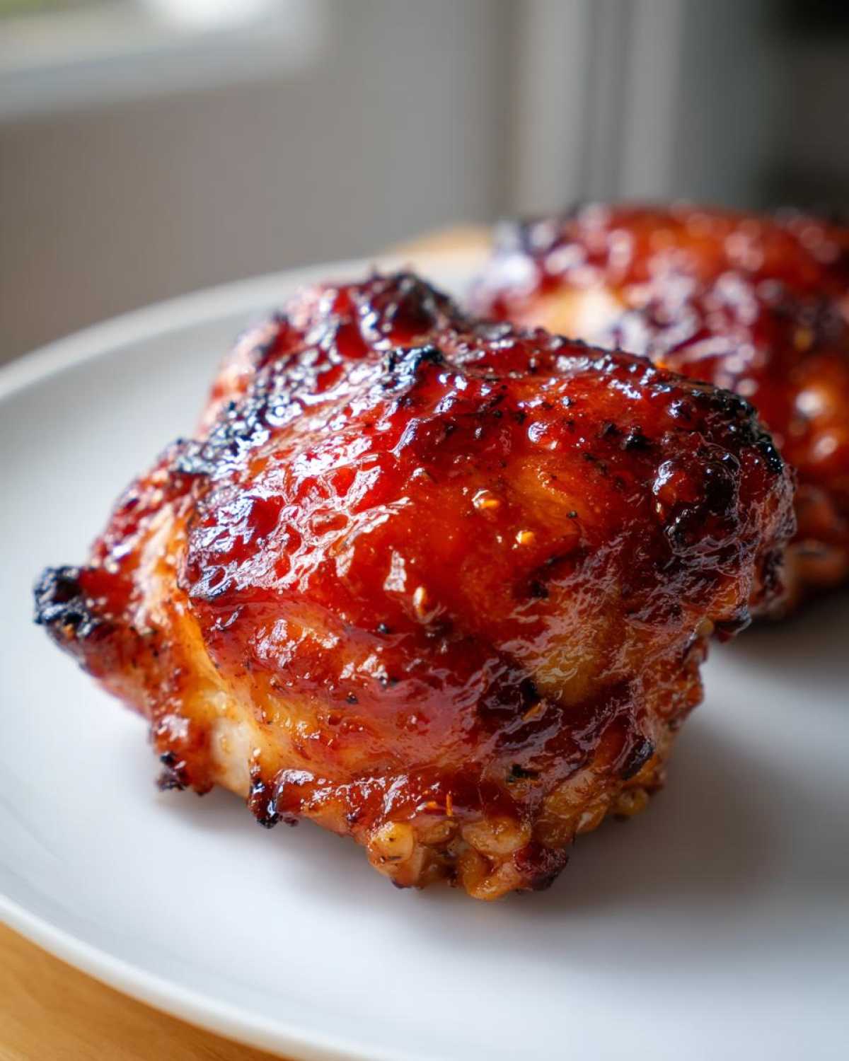 Close-up of perfectly baked Sticky Sweet Chili Chicken Thighs with a glossy, caramelized glaze.