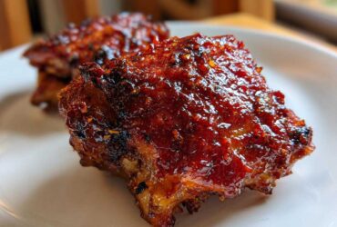 Close-up of a perfectly glazed, oven-baked Sticky Sweet Chili Chicken Thighs piece with caramelized edges.