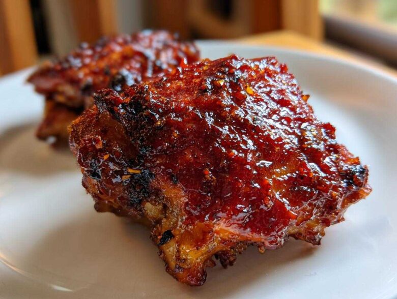 Close-up of a perfectly glazed, oven-baked Sticky Sweet Chili Chicken Thighs piece with caramelized edges.