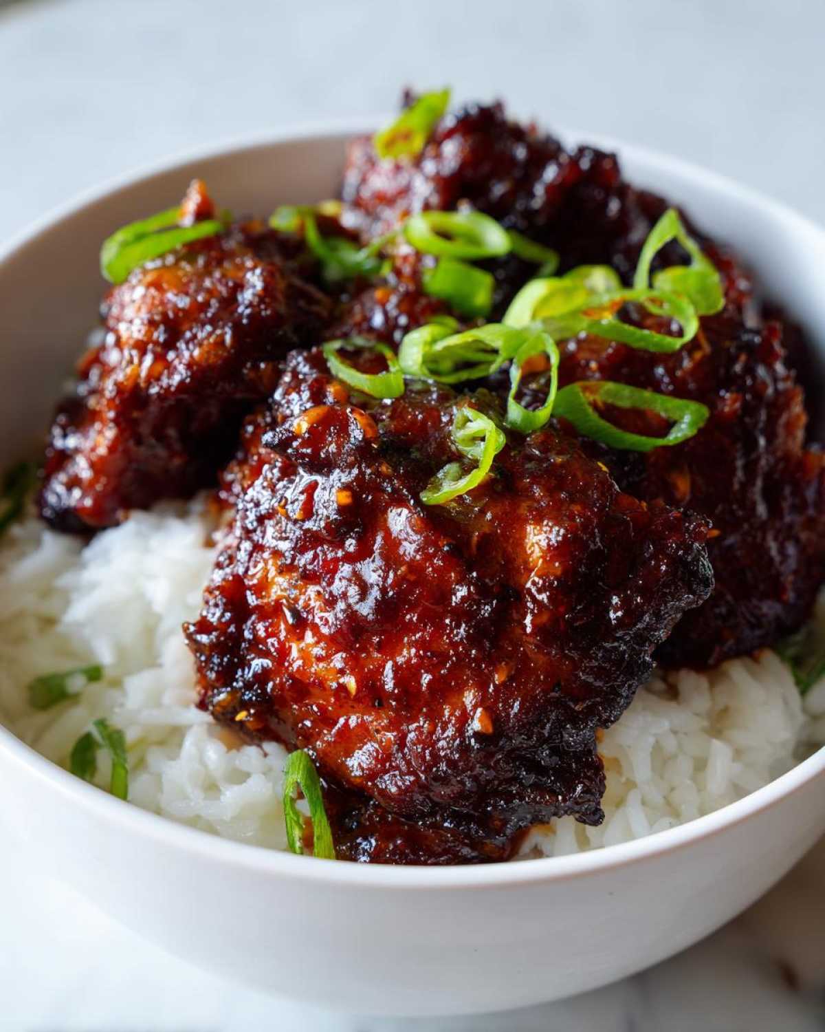 Close-up of Sticky Sweet Chili Chicken Thighs coated in dark glaze, served over white rice and garnished with green onions.