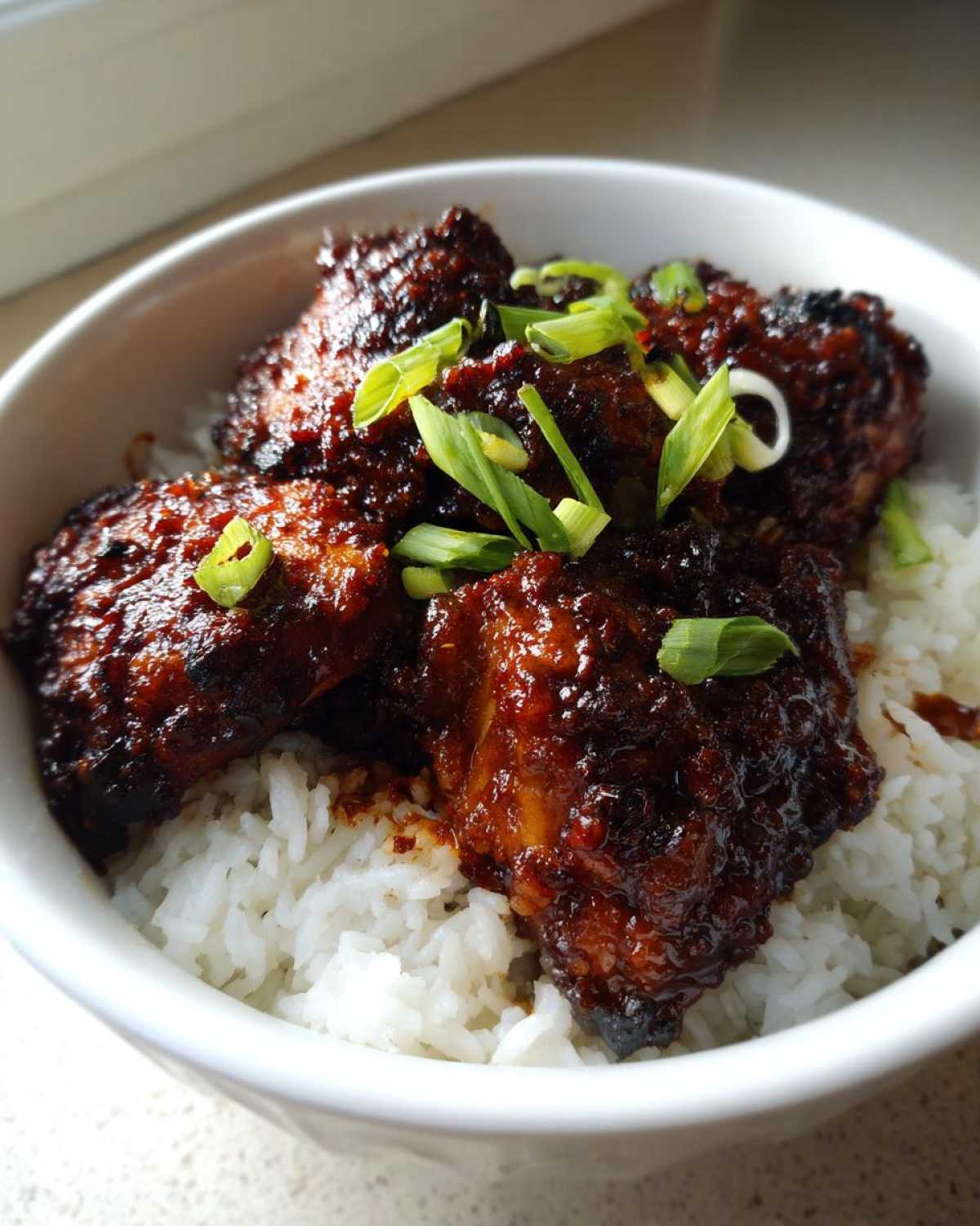 Close-up of Sticky Sweet Chili Chicken Thighs glazed with sauce, served over white rice and topped with sliced green onions.