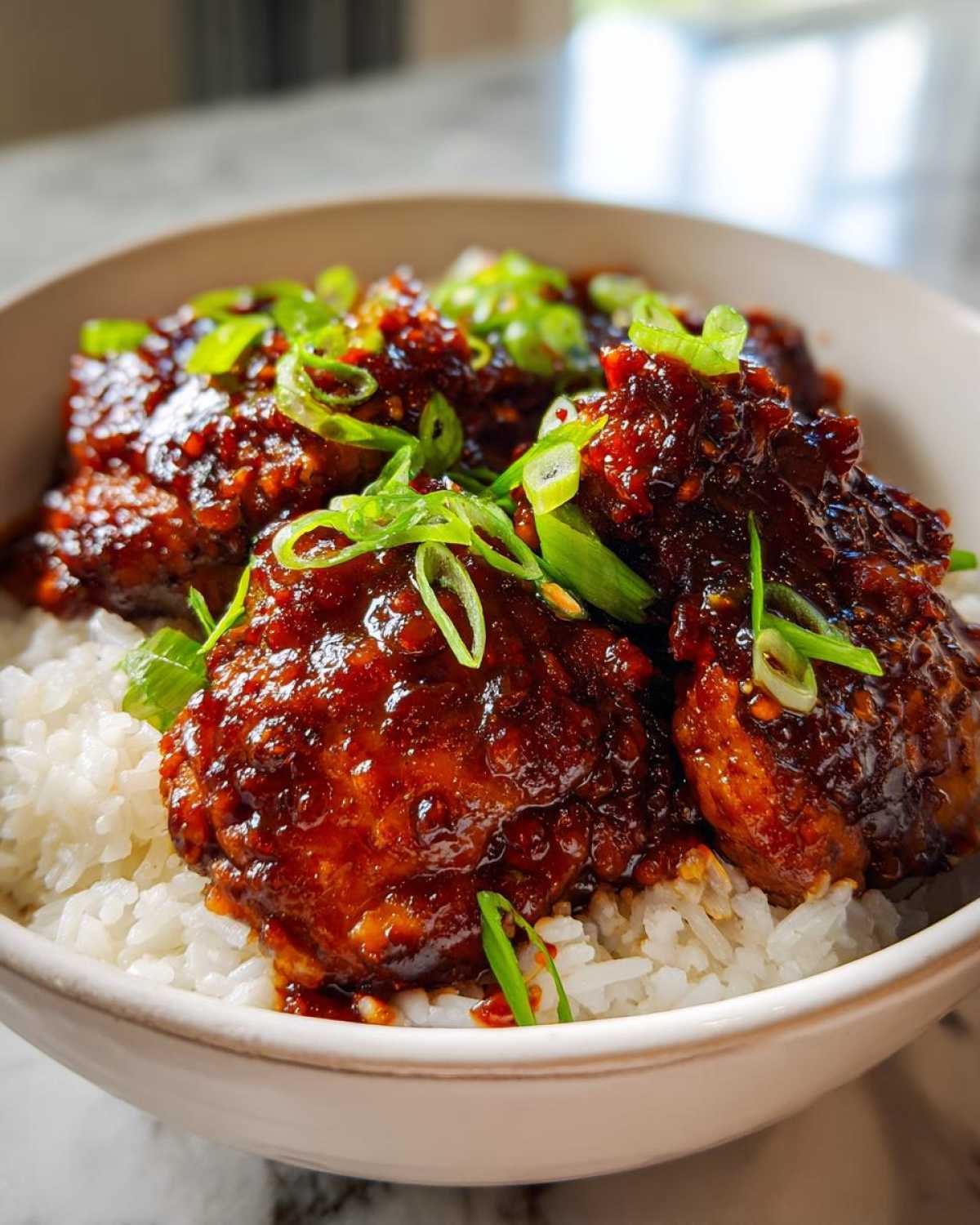 Close-up of Sticky Sweet Chili Chicken Thighs coated in a dark, glossy sauce, served over fluffy white rice and topped with fresh green onions.