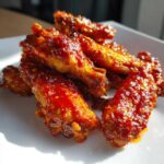 A close-up of oven-baked Sticky Sweet Chili Chicken Wings coated in a glistening, vibrant red glaze.