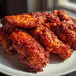A close-up of oven-baked Sticky Sweet Chili Chicken Wings, glazed with a dark red, glistening sauce, piled on a white plate.