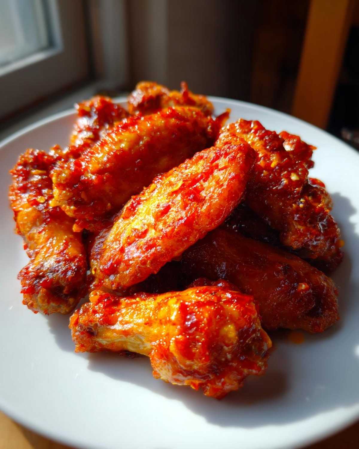 Close-up of oven-baked Sticky Sweet Chili Chicken Wings Crispy Oven coated in a vibrant red, glossy sauce on a white plate.