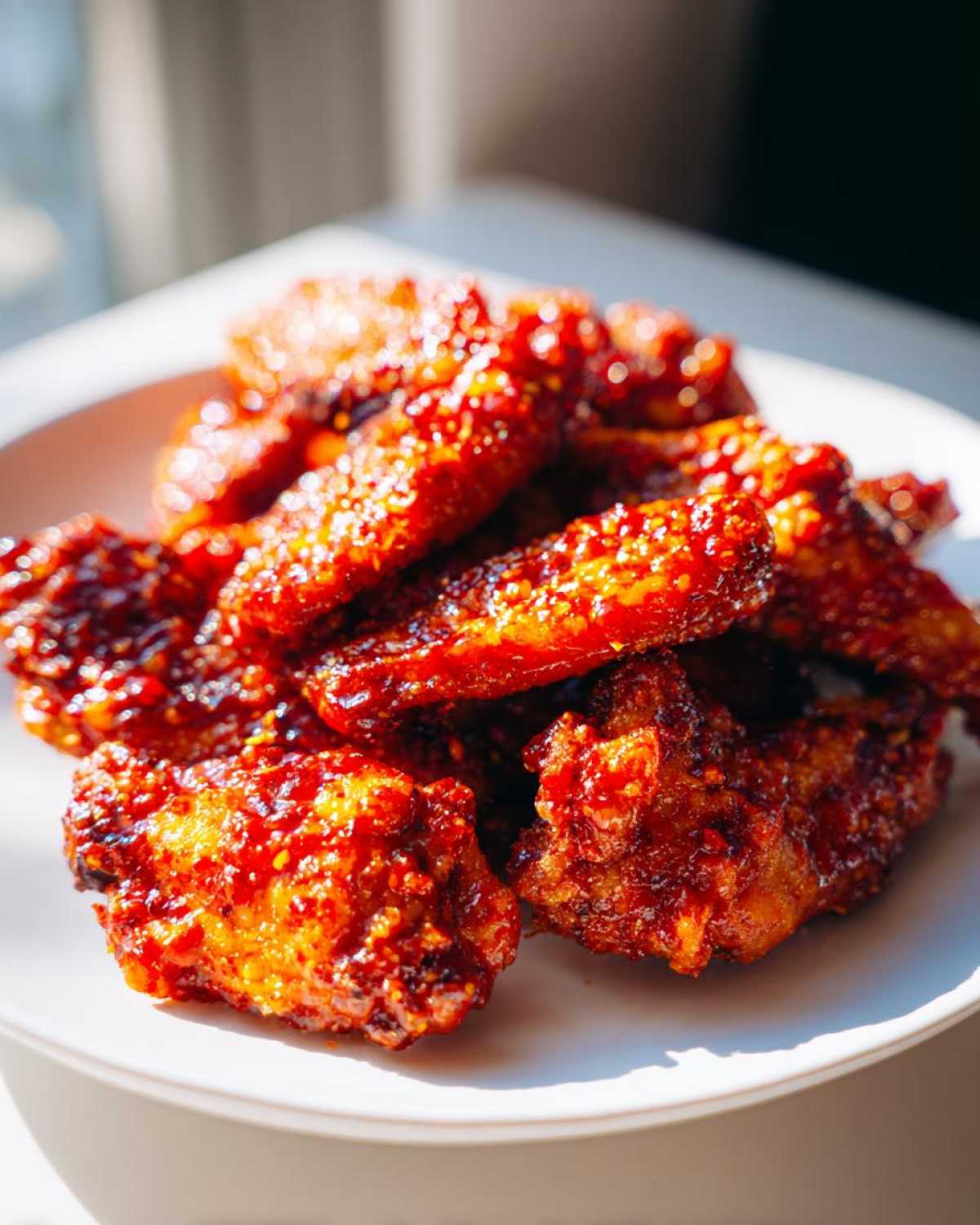 Close-up of crispy oven Sticky Sweet Chili Chicken Wings coated in a thick, glossy, red sauce.