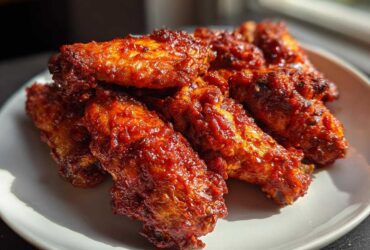 A close-up of oven-baked Sticky Sweet Chili Chicken Wings, glazed with a dark red, glistening sauce, piled on a white plate.
